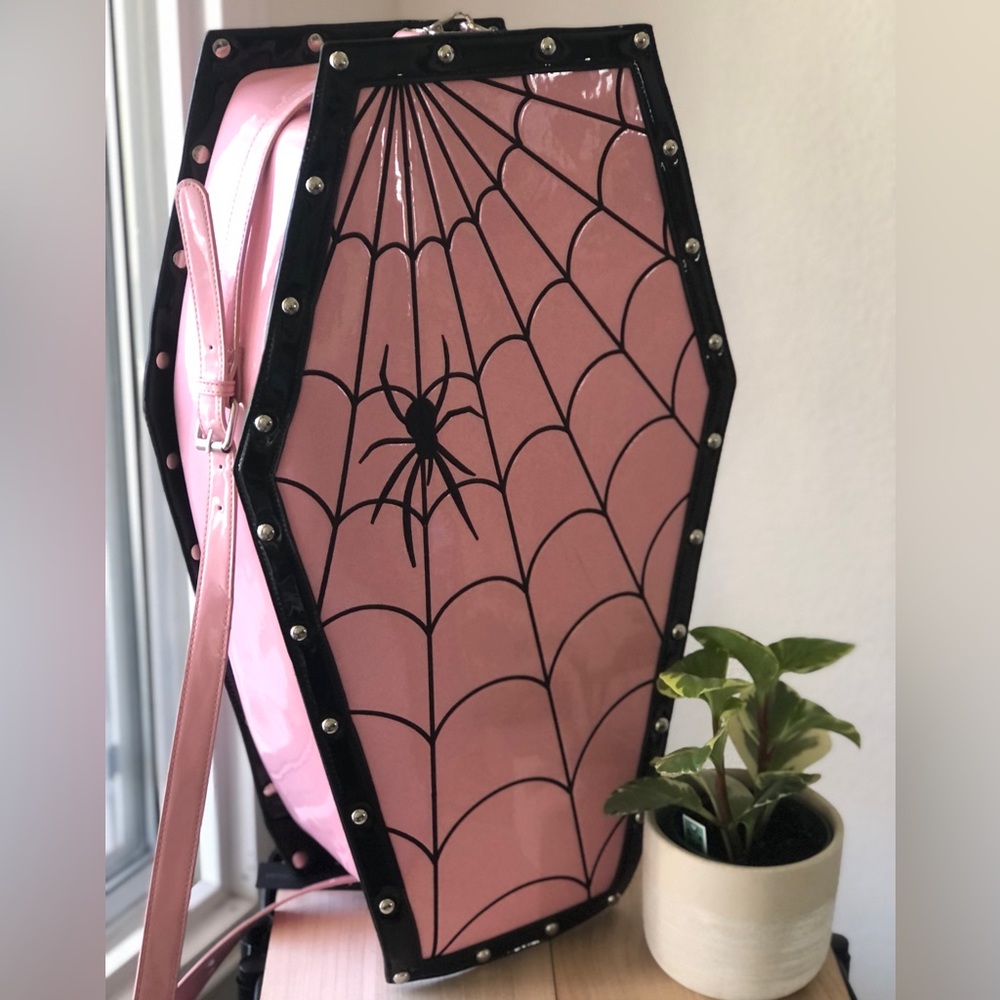 Dolls Kill Widow Pastel Goth Pink Coffin Shaped Weekender Bag w/ removable strap